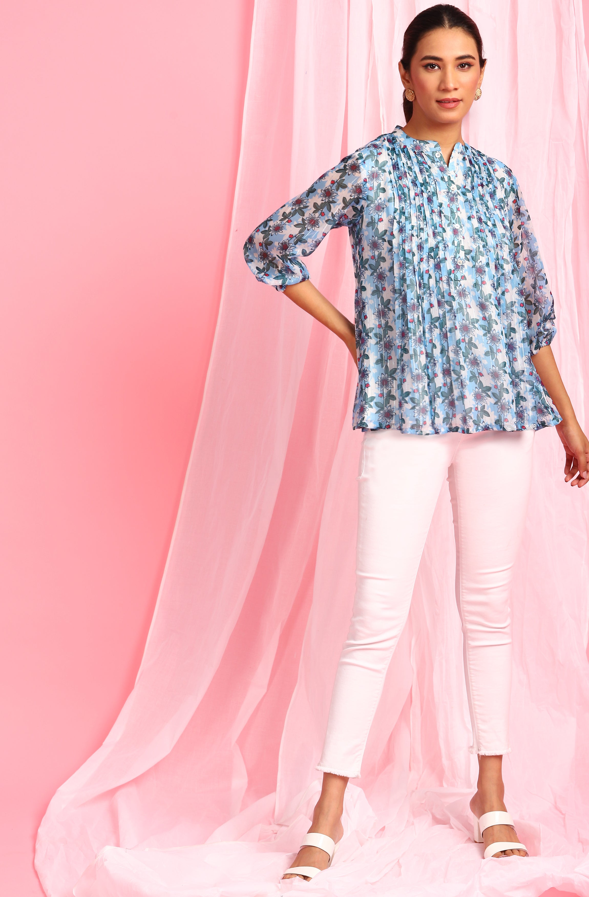 Janasya Women's Blue Poly Georgette Floral Print Pleated Top - Distacart