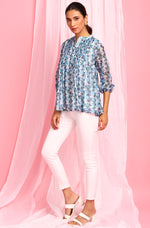 Thumbnail for Janasya Women's Blue Poly Georgette Floral Print Pleated Top - Distacart