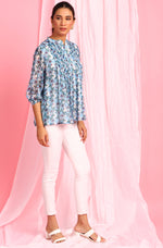 Thumbnail for Janasya Women's Blue Poly Georgette Floral Print Pleated Top - Distacart