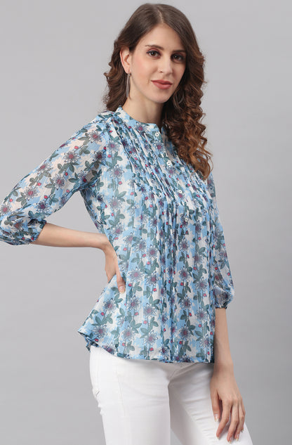 Janasya Women's Blue Poly Georgette Floral Print Pleated Top - Distacart