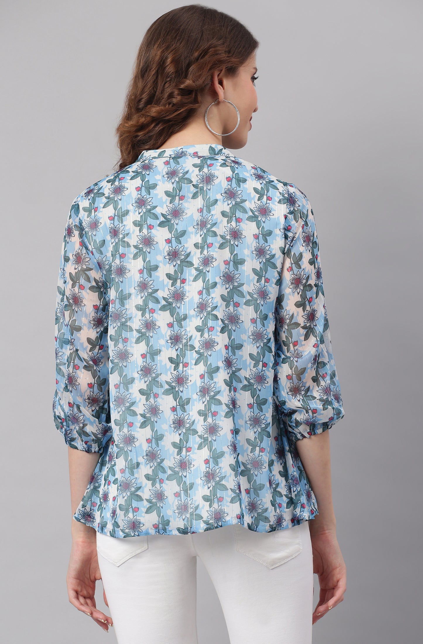 Janasya Women's Blue Poly Georgette Floral Print Pleated Top - Distacart