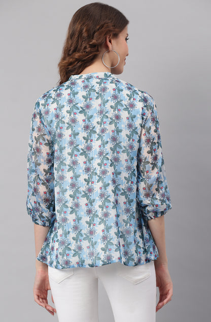 Janasya Women's Blue Poly Georgette Floral Print Pleated Top - Distacart