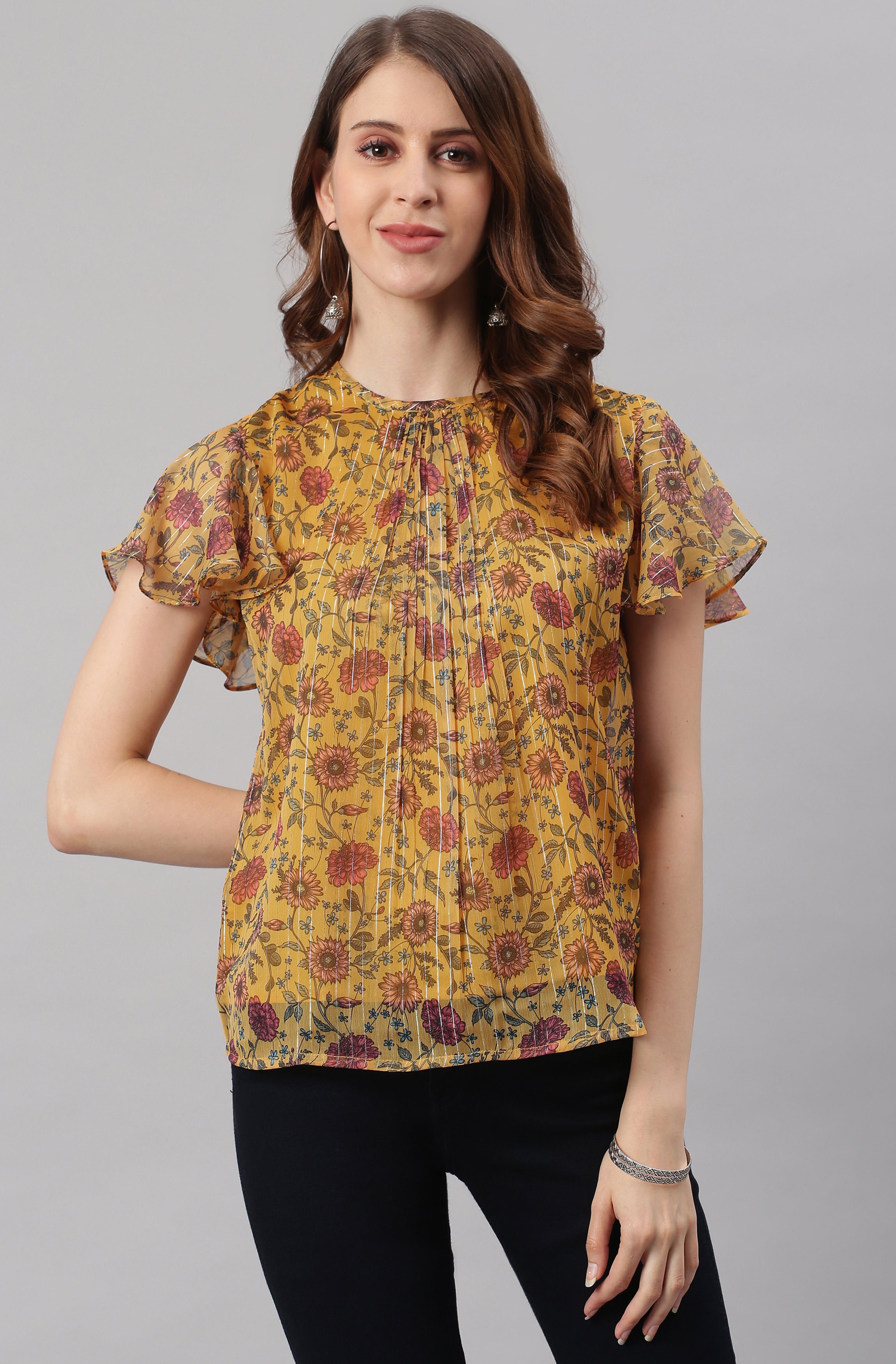 Janasya Women's Mustard Poly Georgette Floral Print Regular Top - Distacart