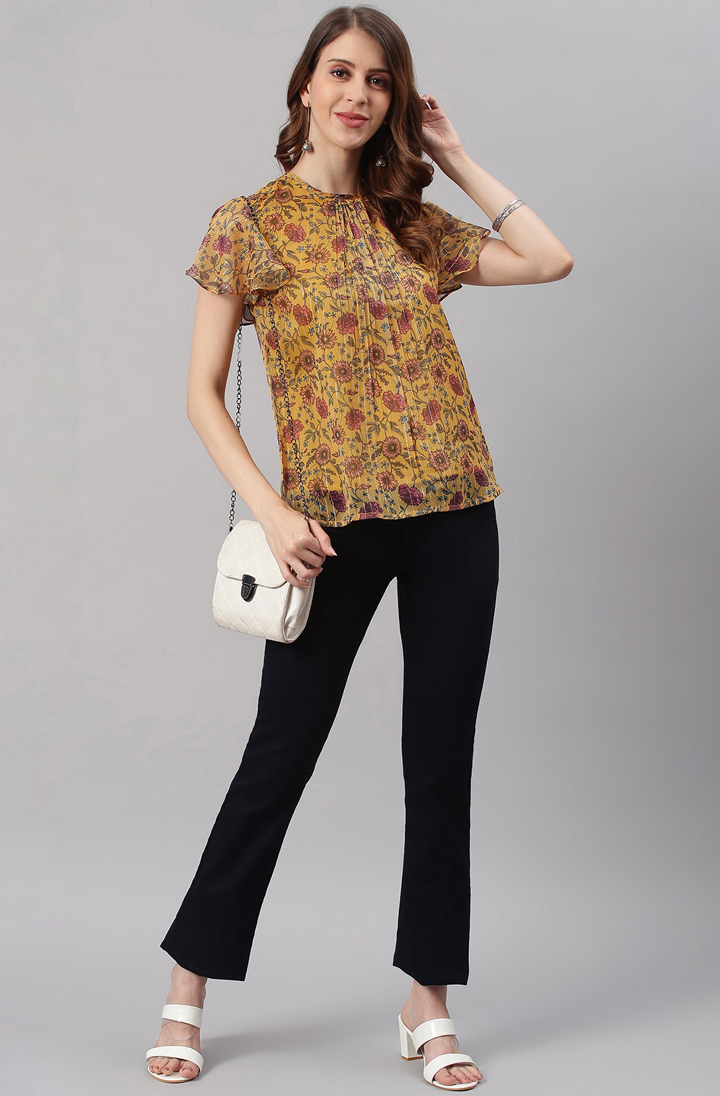 Janasya Women's Mustard Poly Georgette Floral Print Regular Top - Distacart