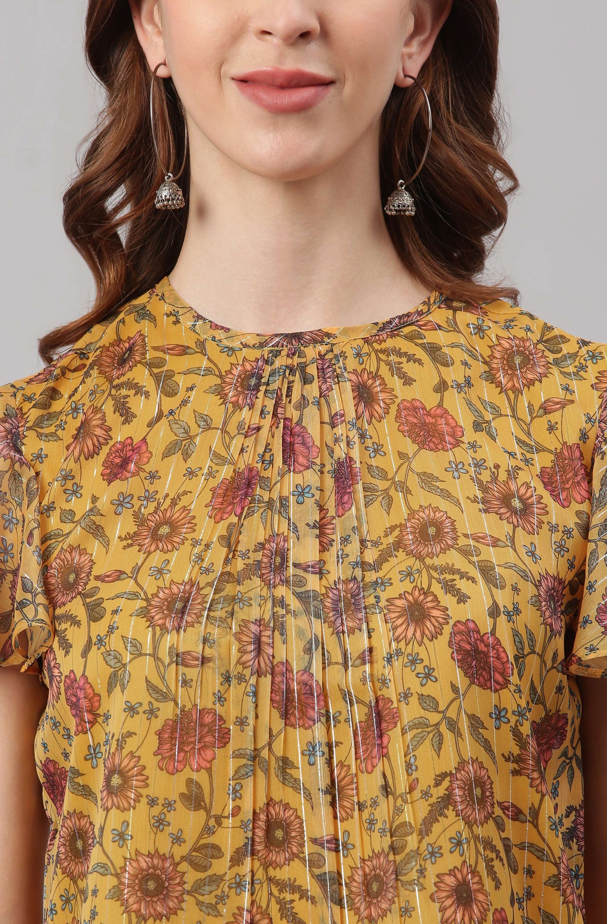 Janasya Women's Mustard Poly Georgette Floral Print Regular Top - Distacart