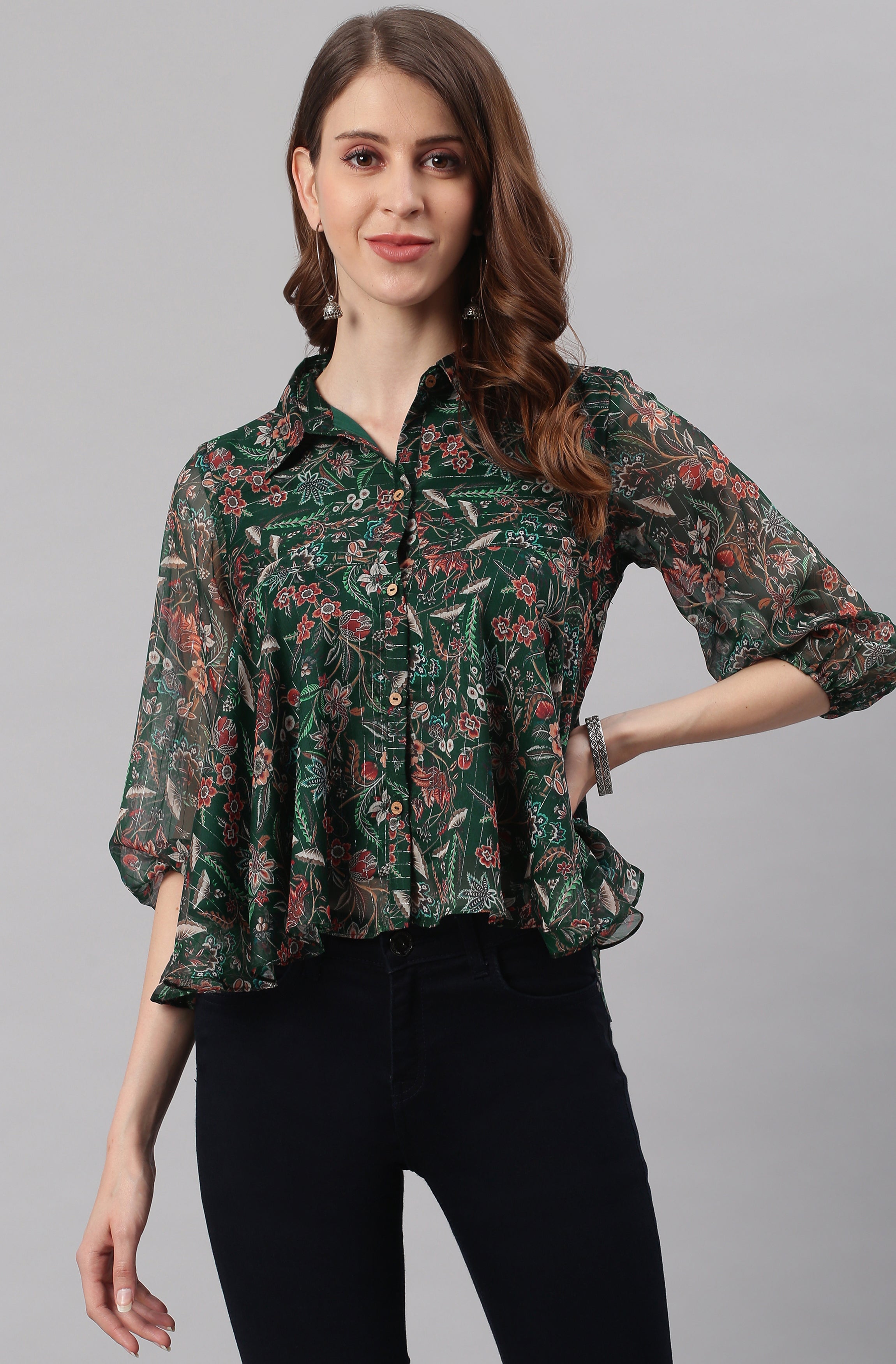 Janasya Women's Green Poly Georgette Floral Print Regular Top - Distacart