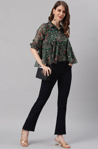 Janasya Women's Green Poly Georgette Floral Print Regular Top - Distacart