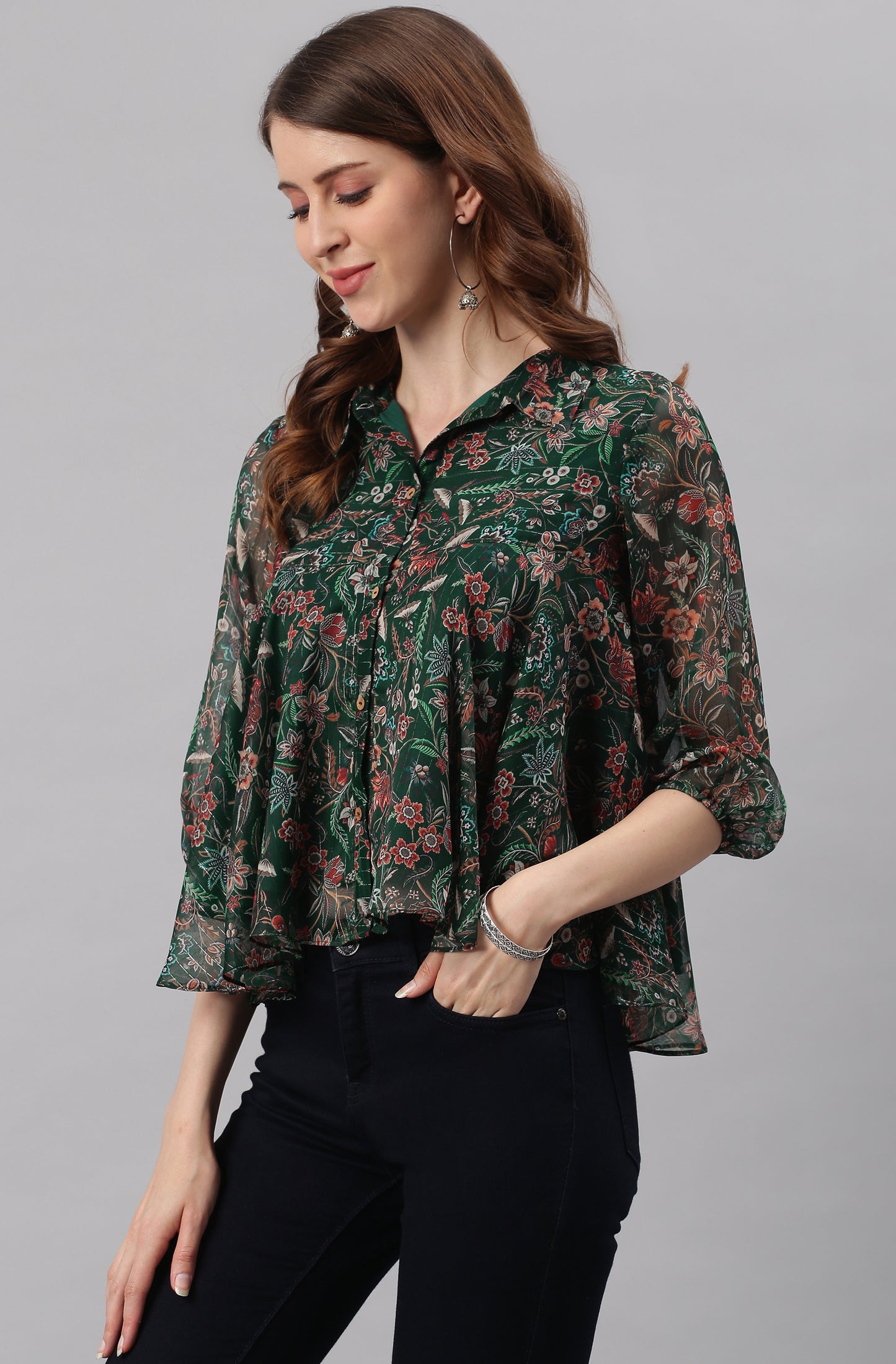 Janasya Women's Green Poly Georgette Floral Print Regular Top - Distacart