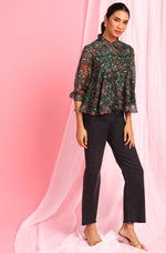 Thumbnail for Janasya Women's Green Poly Georgette Floral Print Regular Top - Distacart