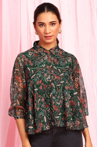 Thumbnail for Janasya Women's Green Poly Georgette Floral Print Regular Top - Distacart