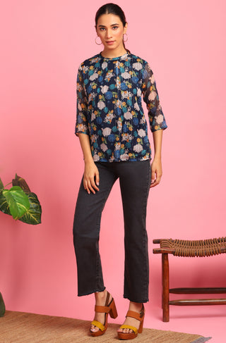 Janasya Women's Navy Blue Poly Georgette Floral Print Regular Top - Distacart