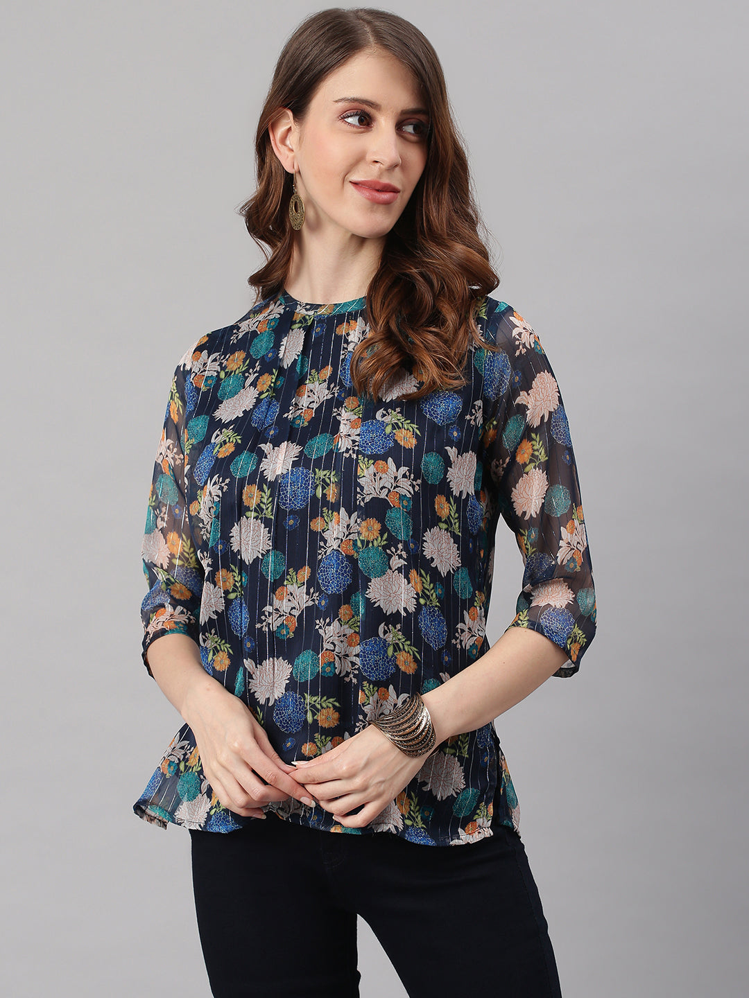 Janasya Women's Navy Blue Poly Georgette Floral Print Regular Top - Distacart