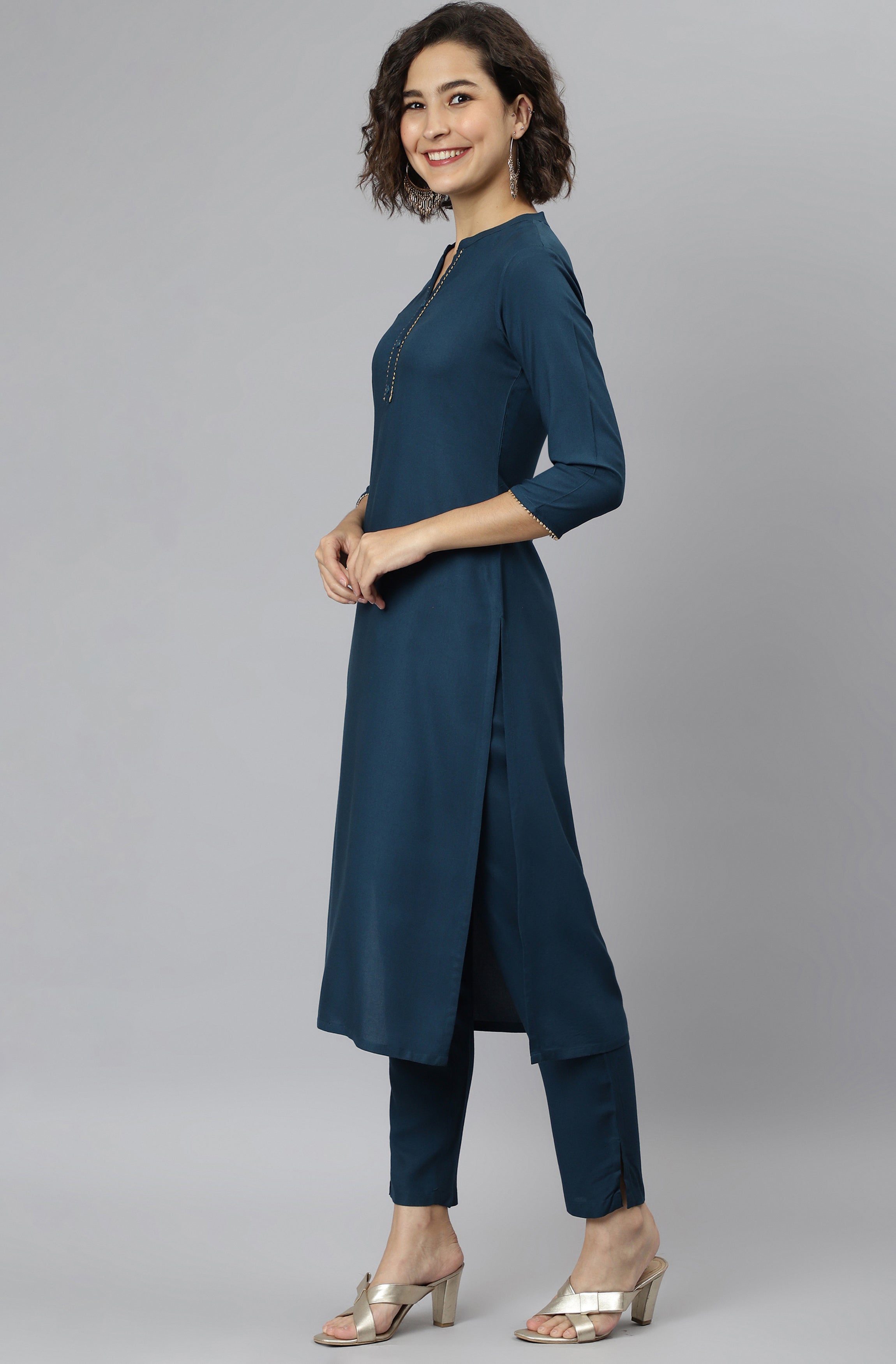 Janasya Women's Teal Rayon Solid Kurta With Pant And Dupatta - Distacart