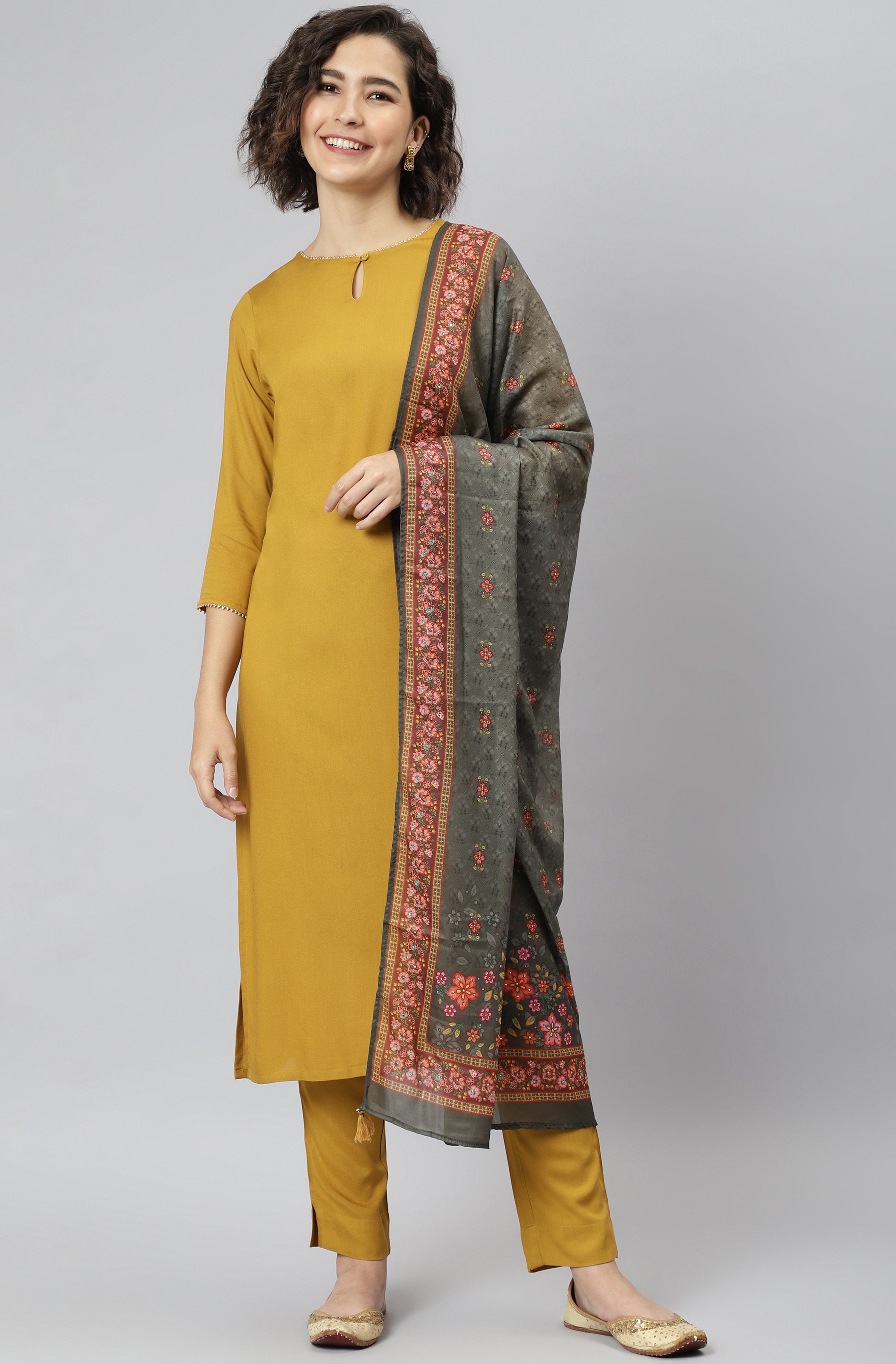 Janasya Women's Mustard Rayon Solid Kurta With Pant And Dupatta - Distacart