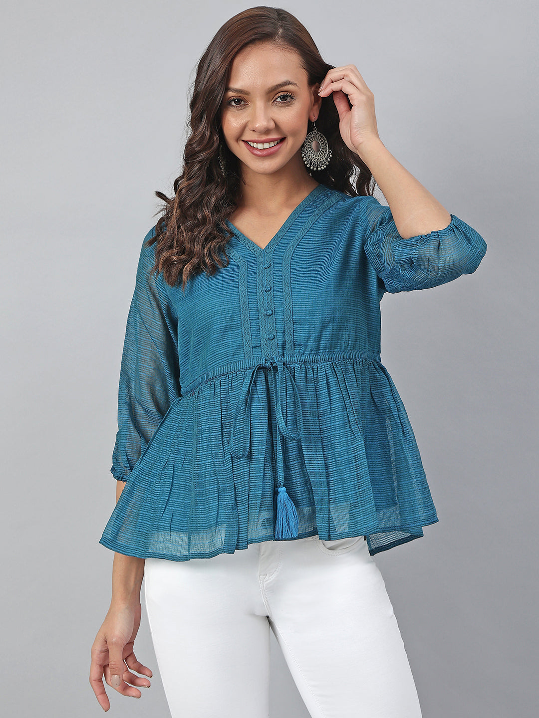 Janasya Women's Teal Kota Doria Solid Gathered Top - Distacart