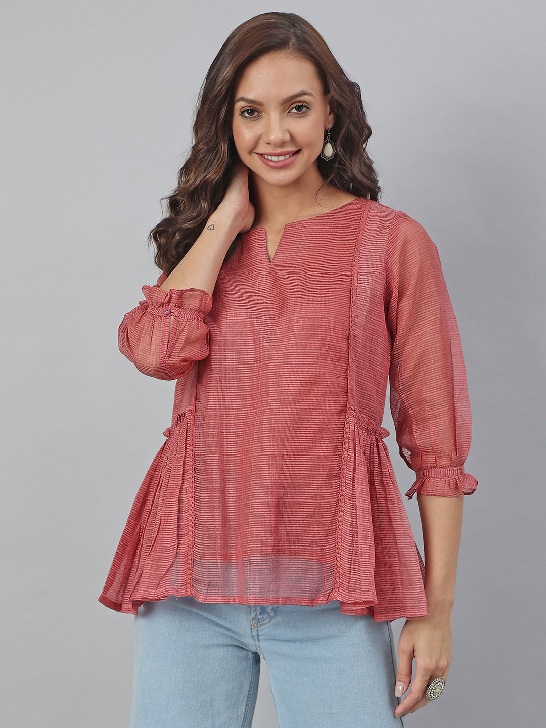 Janasya Women's Old Rose Kota Doria Solid Panelled Top - Distacart