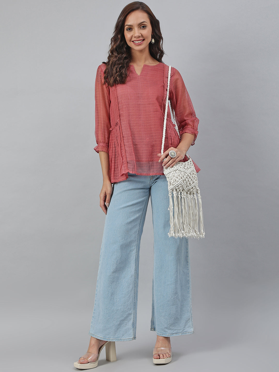 Janasya Women's Old Rose Kota Doria Solid Panelled Top - Distacart