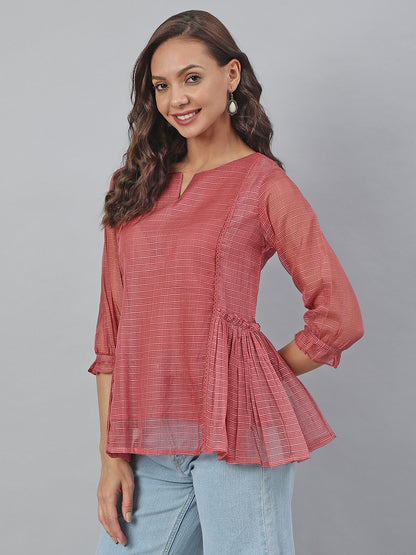 Janasya Women's Old Rose Kota Doria Solid Panelled Top - Distacart