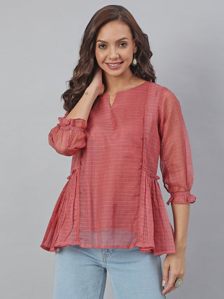 Janasya Women's Old Rose Kota Doria Solid Panelled Top - Distacart