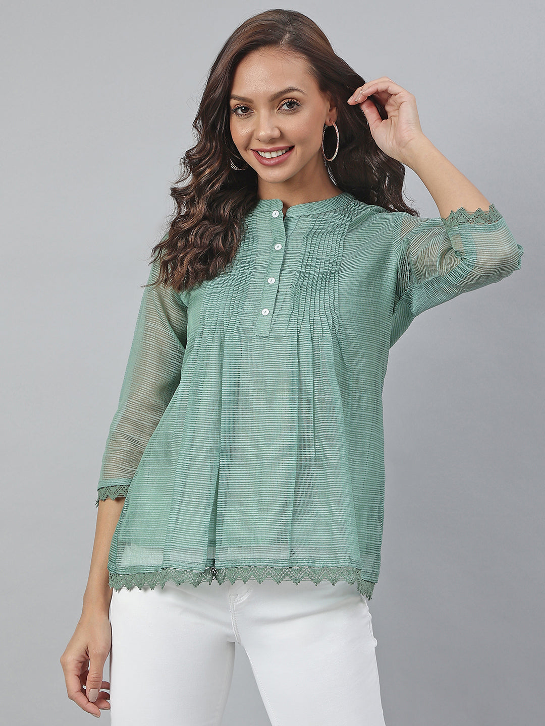 Janasya Women's Green Kota Doria Embellished Regular Top - Distacart
