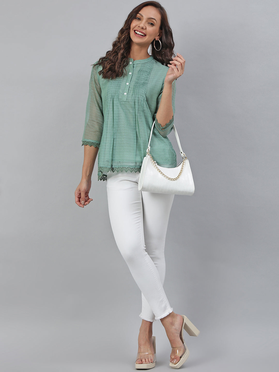 Janasya Women's Green Kota Doria Embellished Regular Top - Distacart