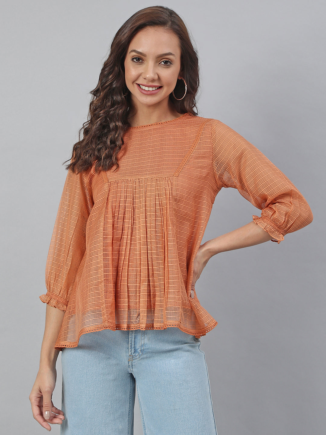 Janasya Women's Rust Kota Doria Solid Panelled Top - Distacart