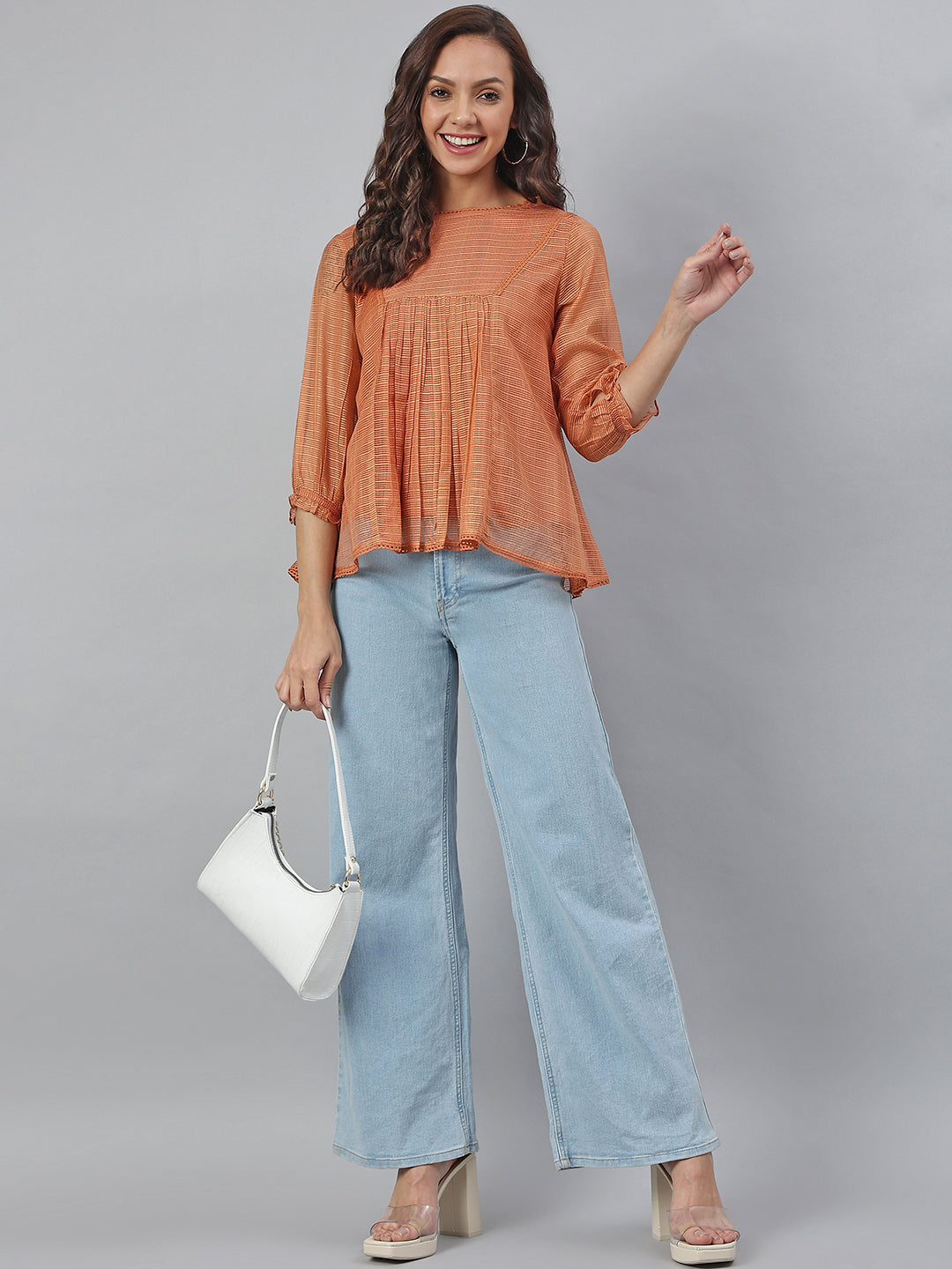 Janasya Women's Rust Kota Doria Solid Panelled Top - Distacart