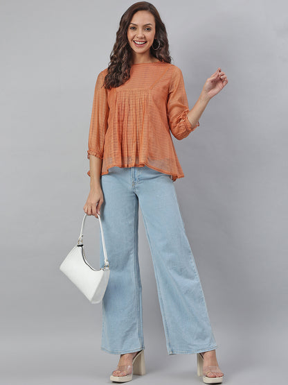 Janasya Women's Rust Kota Doria Solid Panelled Top - Distacart