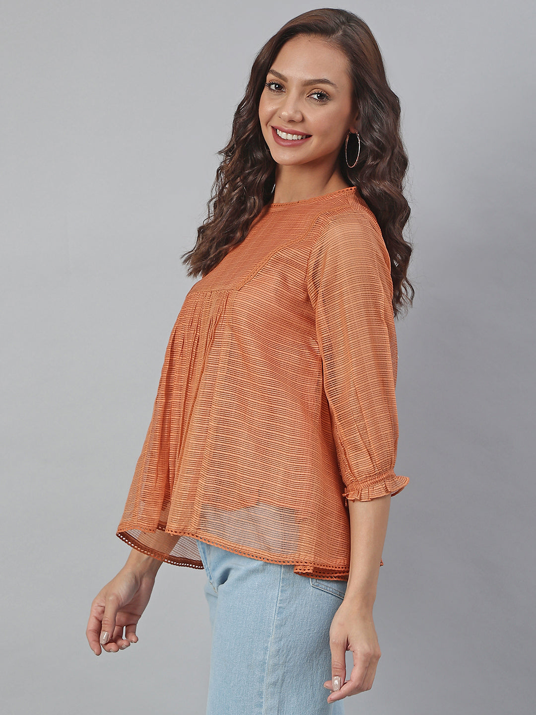 Janasya Women's Rust Kota Doria Solid Panelled Top - Distacart