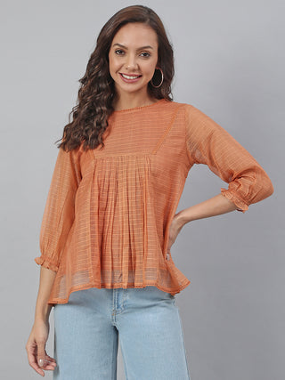 Janasya Women's Rust Kota Doria Solid Panelled Top - Distacart