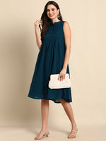 Thumbnail for Janasya Women's Teal Cotton Solid A-line Western Dress - Distacart
