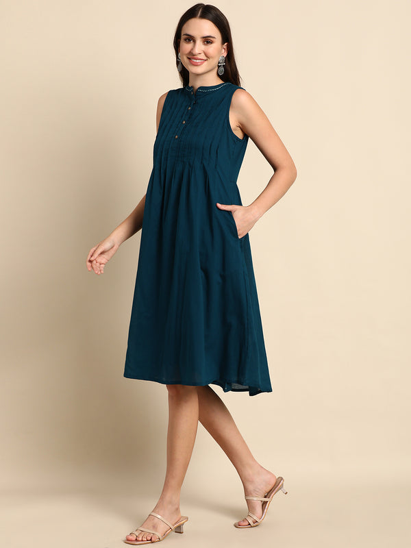 Janasya Women's Teal Cotton Solid A-line Western Dress - Distacart