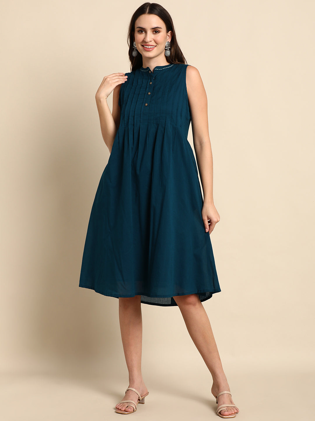Janasya Women's Teal Cotton Solid A-line Western Dress - Distacart