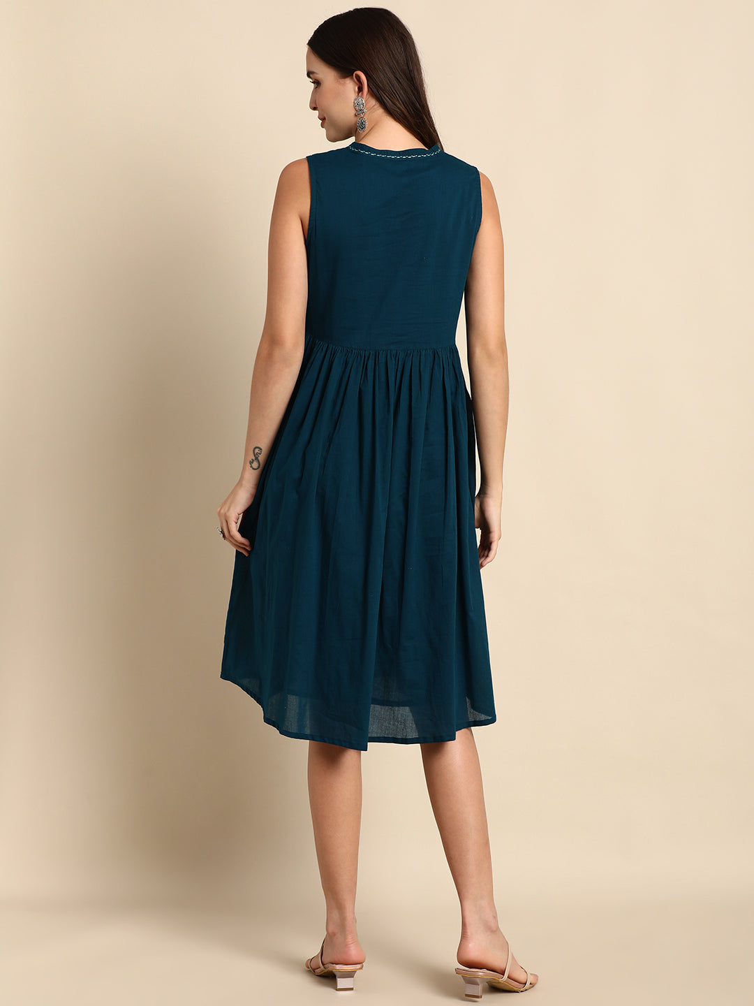 Janasya Women's Teal Cotton Solid A-line Western Dress - Distacart