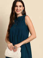 Thumbnail for Janasya Women's Teal Cotton Solid A-line Western Dress - Distacart