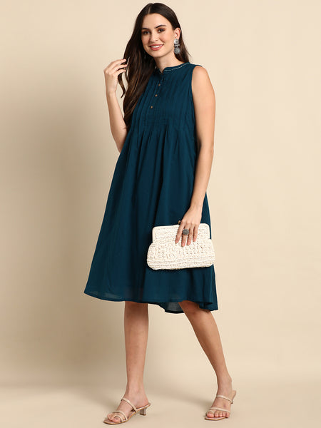 Janasya Women's Teal Cotton Solid A-line Western Dress - Distacart