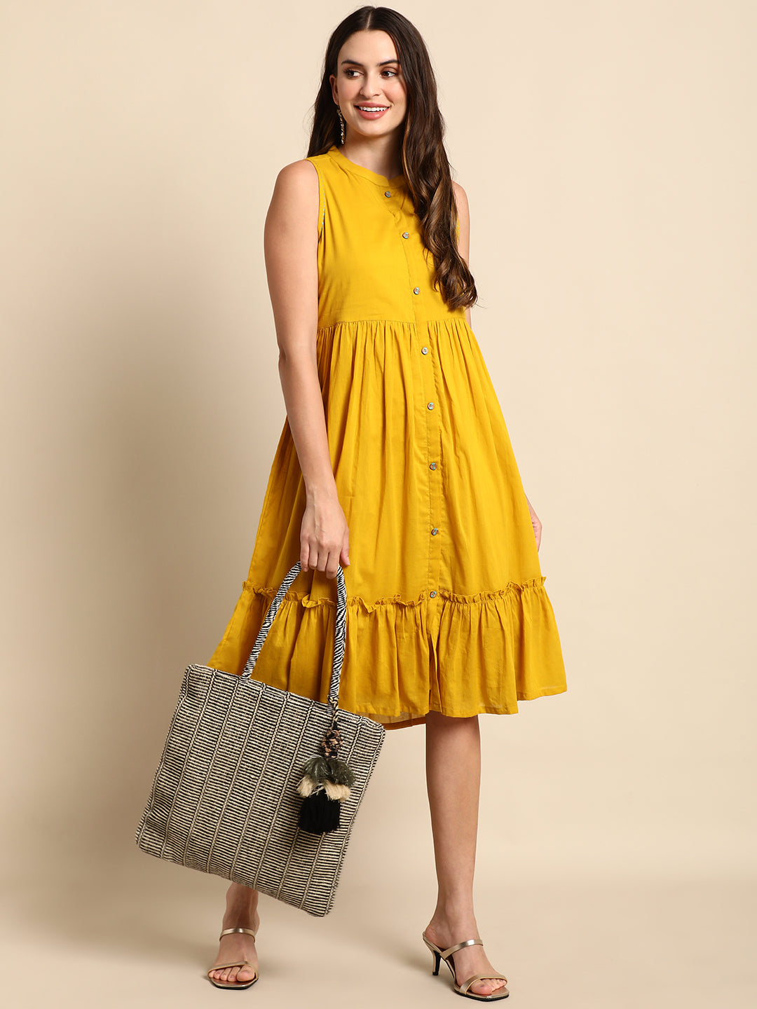 Janasya Women's Mustard Cotton Solid Flared Western Dress - Distacart