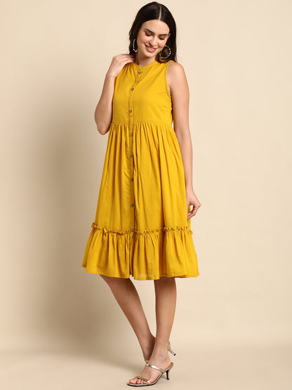 Janasya Women's Mustard Cotton Solid Flared Western Dress - Distacart