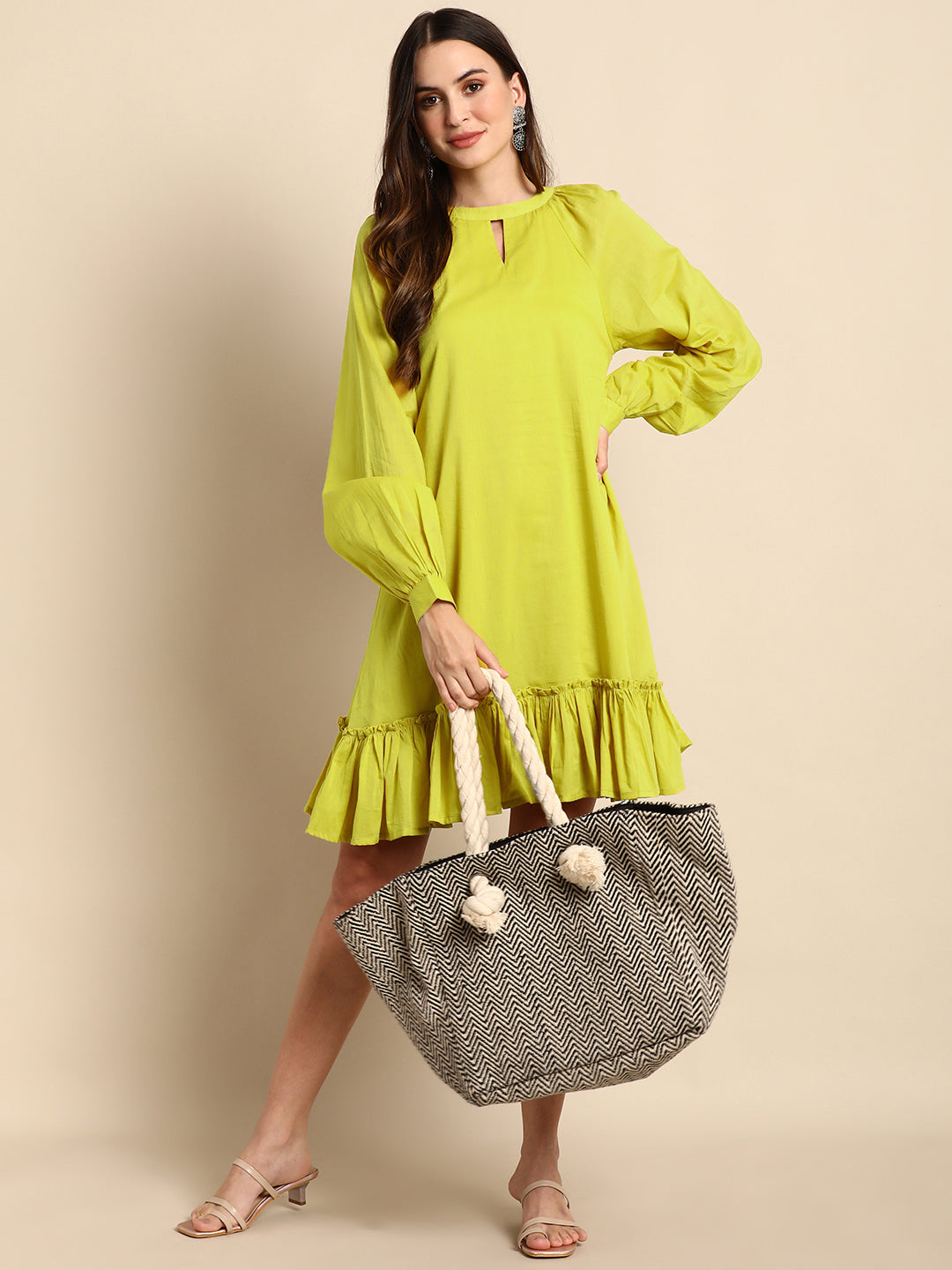 Janasya Women's Mustard Cotton Solid Drop-Waist Western Dress - Distacart