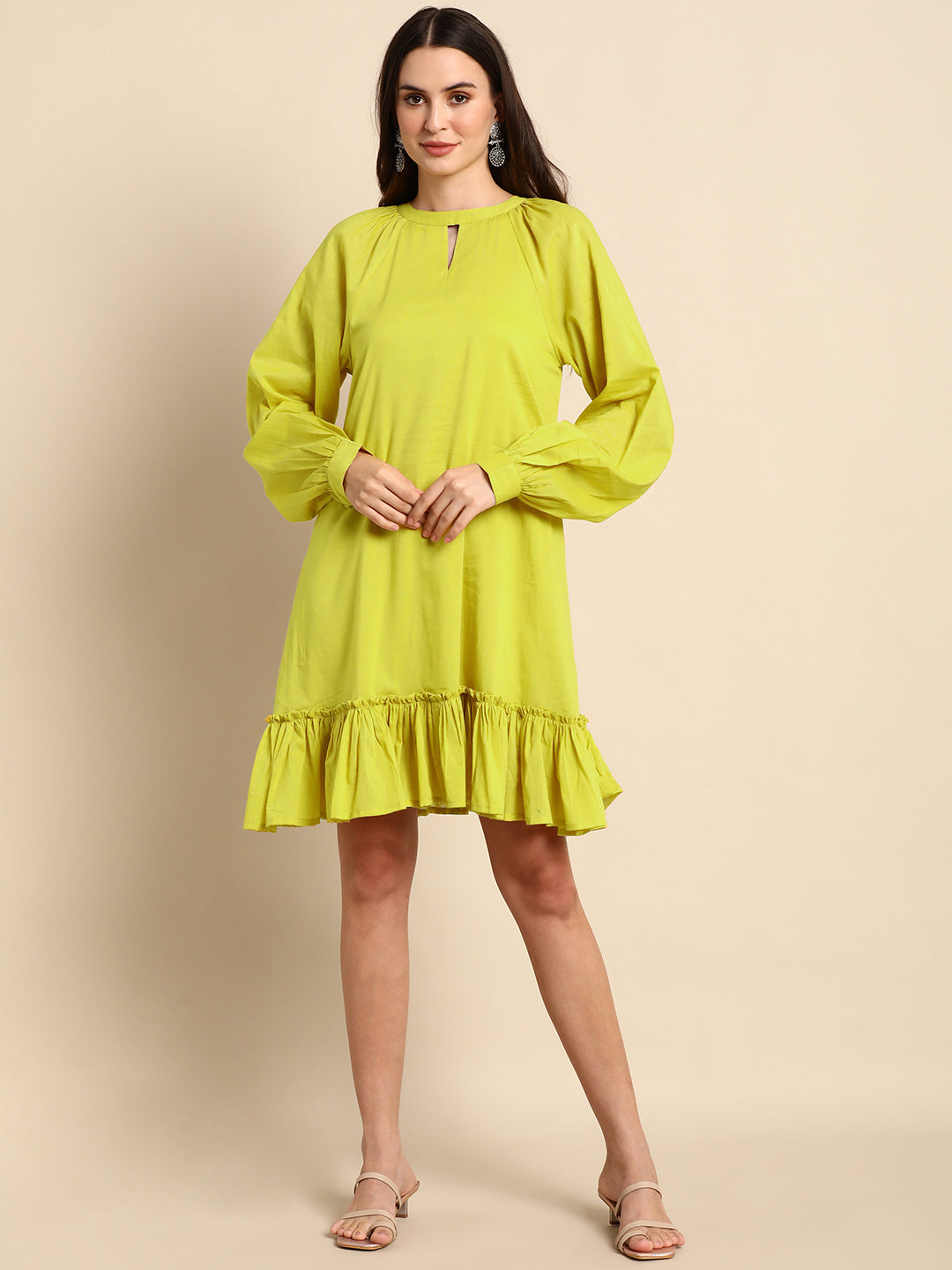 Janasya Women's Mustard Cotton Solid Drop-Waist Western Dress - Distacart