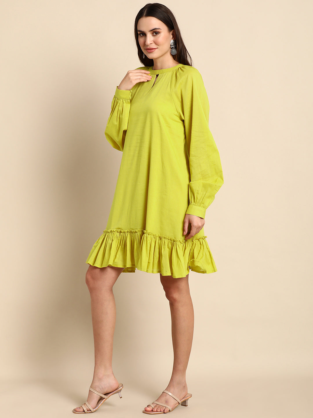 Janasya Women's Mustard Cotton Solid Drop-Waist Western Dress - Distacart