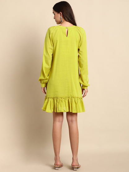 Janasya Women's Mustard Cotton Solid Drop-Waist Western Dress - Distacart