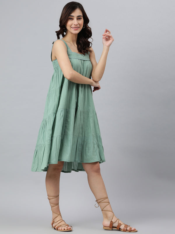 Janasya Women's Mint Green Cotton Solid Flared Western Dress - Distacart