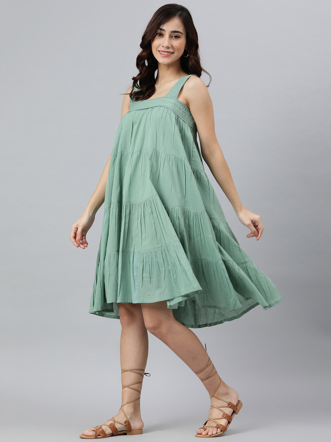 Janasya Women's Mint Green Cotton Solid Flared Western Dress - Distacart