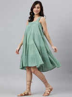 Thumbnail for Janasya Women's Mint Green Cotton Solid Flared Western Dress - Distacart