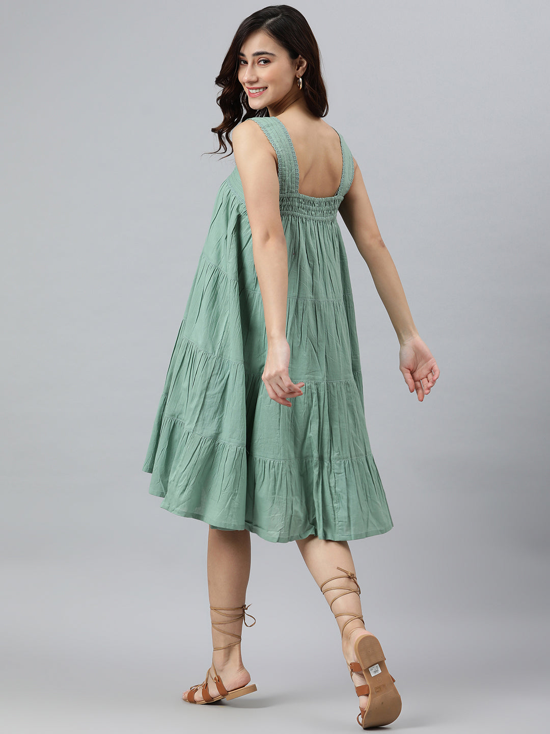 Janasya Women's Mint Green Cotton Solid Flared Western Dress - Distacart