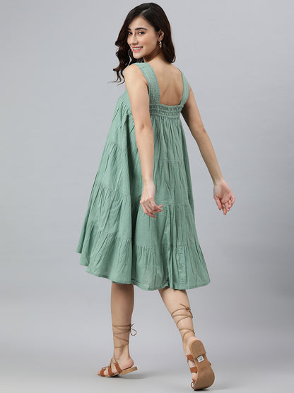 Janasya Women's Mint Green Cotton Solid Flared Western Dress - Distacart