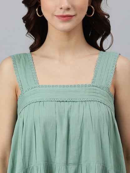 Janasya Women's Mint Green Cotton Solid Flared Western Dress - Distacart