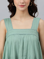 Thumbnail for Janasya Women's Mint Green Cotton Solid Flared Western Dress - Distacart