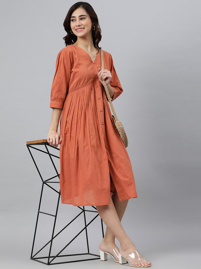 Janasya Women's Coral Orange Cotton Solid Flared Western Dress - Distacart